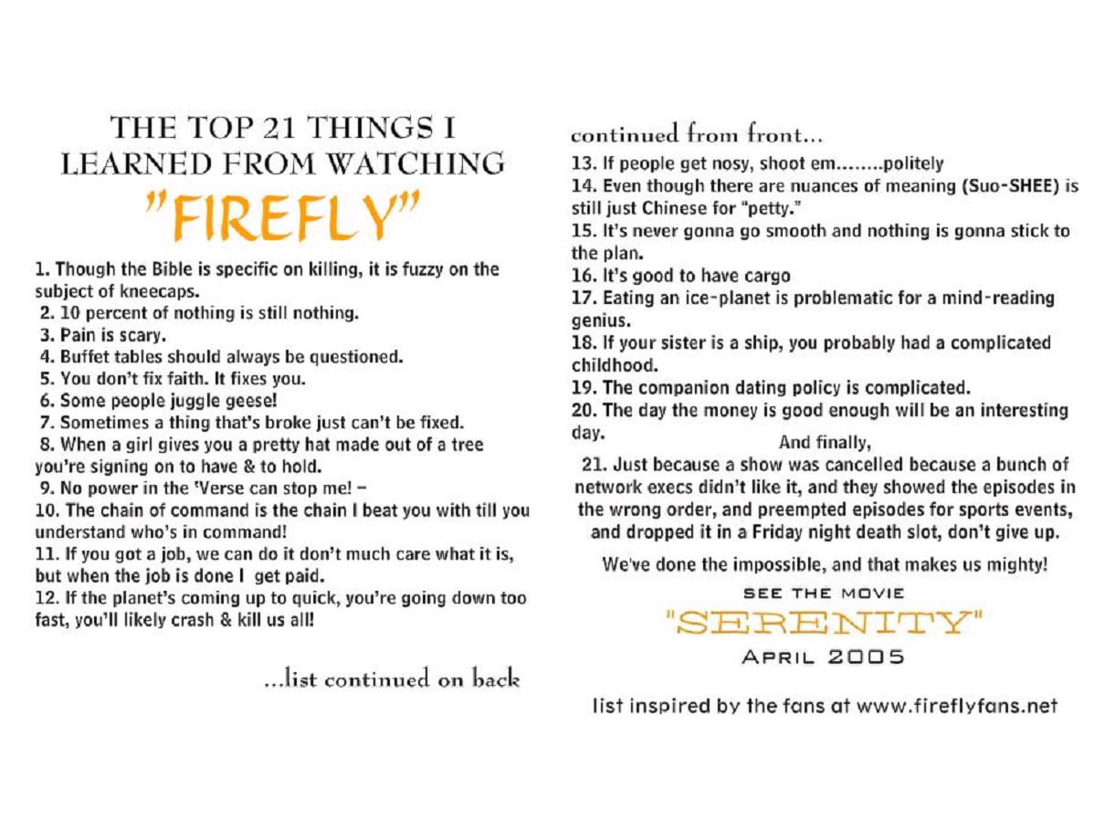Top 21 Things I learned from watching Firefly (by request)