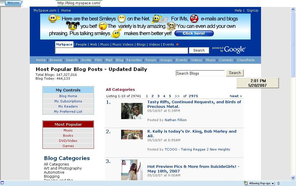 Most Popular Myspace Blog Posts #1 Nathan Fillion 5/18/2007 Two days in a row!