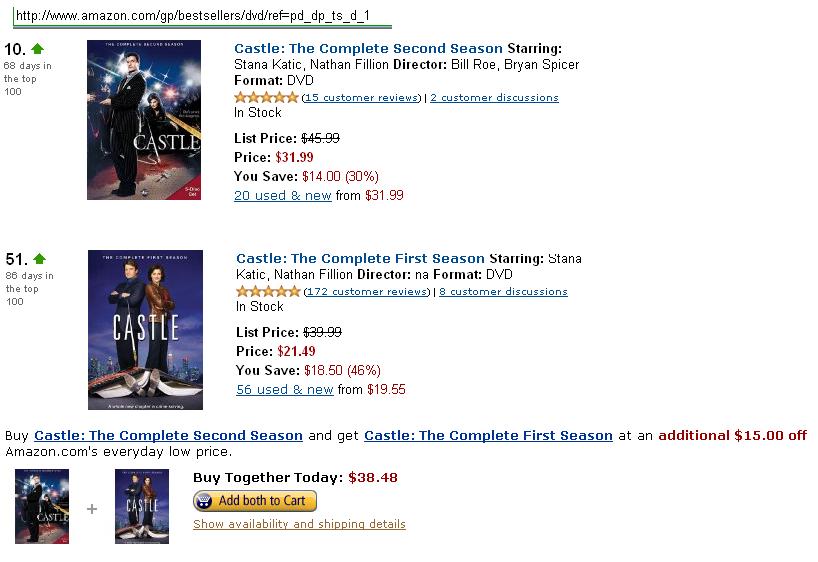 Nathan Fillion's Castle season 2 DVD #10 on Amazon Season 1 #51