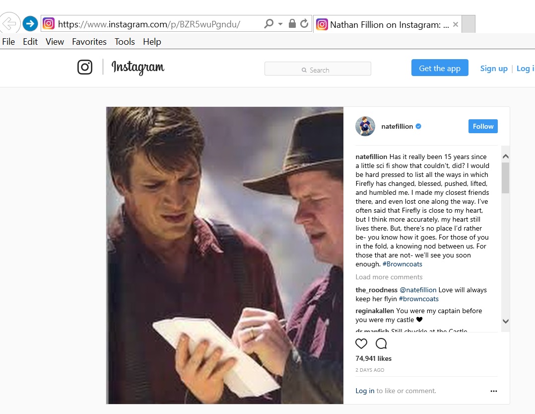 Nathan Fillion instagram Firefly 15 years September 20, 2017