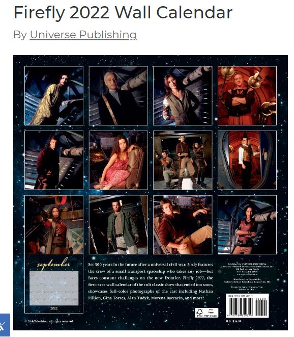 Firefly 2022 Wall Calendar back