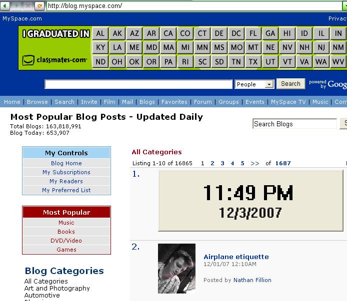 Nathan Fillion's Airplane etiquette blog 2nd most popular blog on myspace!
