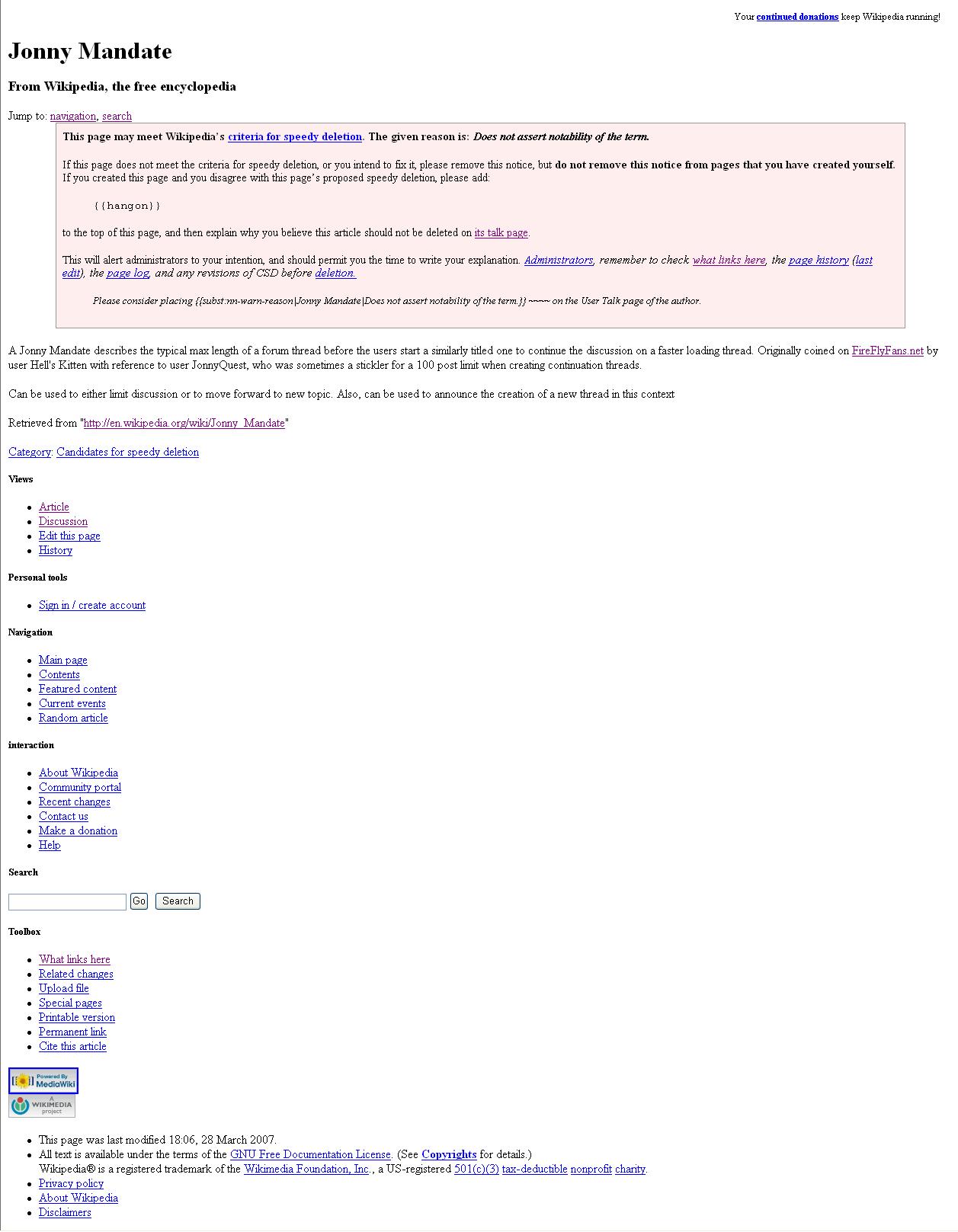 The Jonny Mandate entry for Wikipedia - now deceased