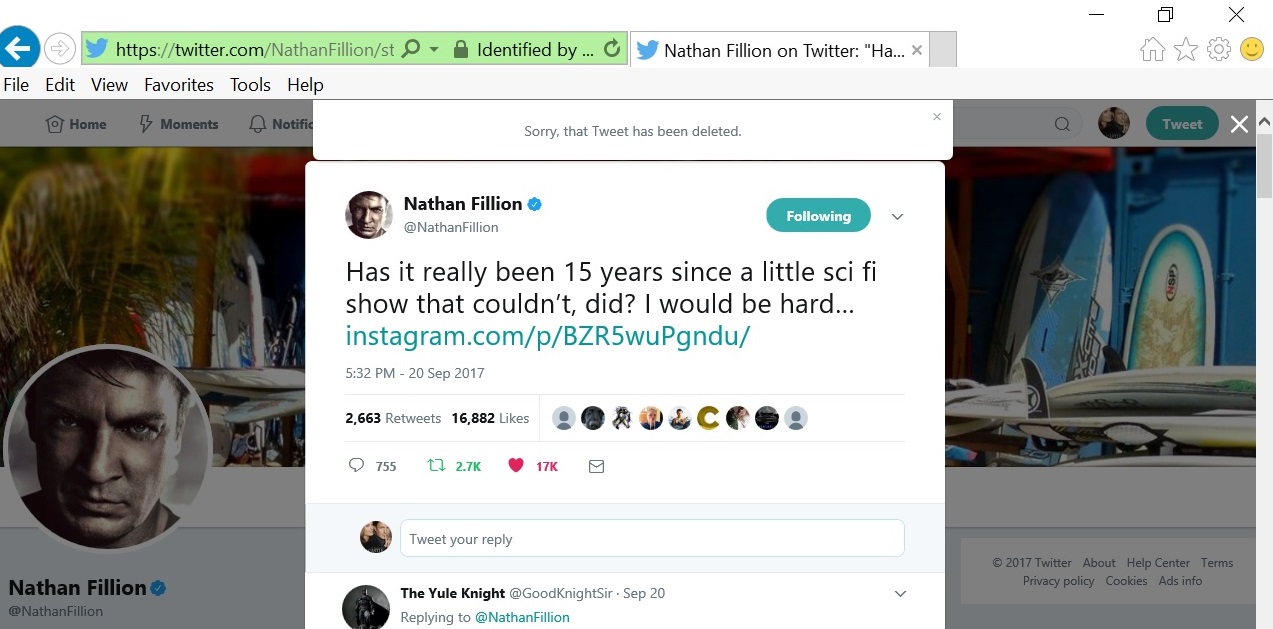 Nathan Fillion tweet Firefly 15 years September 20, 2017